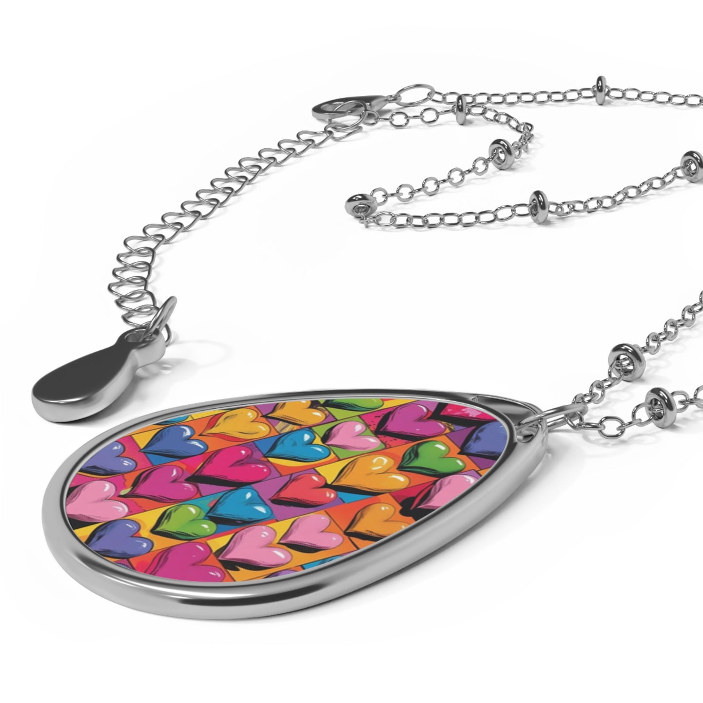 Colorful Heart Pattern Oval Necklace, Unique Jewelry Gift for Her, Boho Charm, Friendship Gift, Everyday Wear, Valentine’s Day