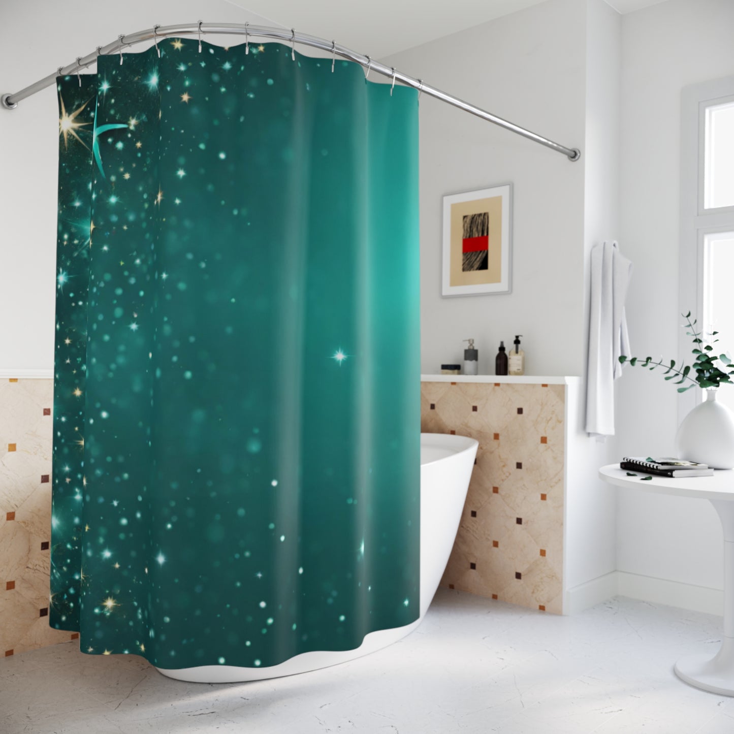 Starfilled Night Shower Curtain - Teal Glam Decor for Bathroom