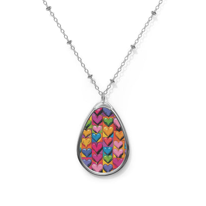 Colorful Heart Pattern Oval Necklace, Unique Jewelry Gift for Her, Boho Charm, Friendship Gift, Everyday Wear, Valentine’s Day