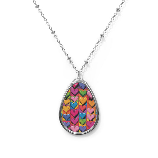 Colorful Heart Pattern Oval Necklace, Unique Jewelry Gift for Her, Boho Charm, Friendship Gift, Everyday Wear, Valentine’s Day
