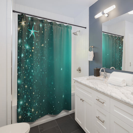 Starfilled Night Shower Curtain - Teal Glam Decor for Bathroom